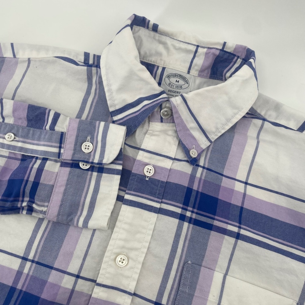Brooks Brothers Button Down Mens M Purple Plaid Regent Supima Cotton Made in USA